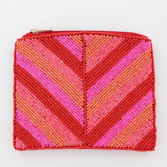 New KAY LEE NY Beaded Red/Pink Chevron Coin Purse/Makeup Bag ❤️Made in India❤️ - Picture 1 of 3